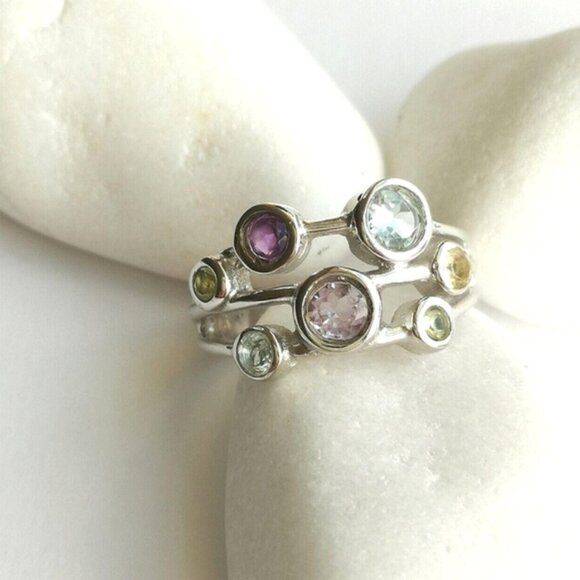 Multi Stone Ring Blue Topaz Peridot Amethyst Citrine in sterling silver size 6 - Picture 1 of 5